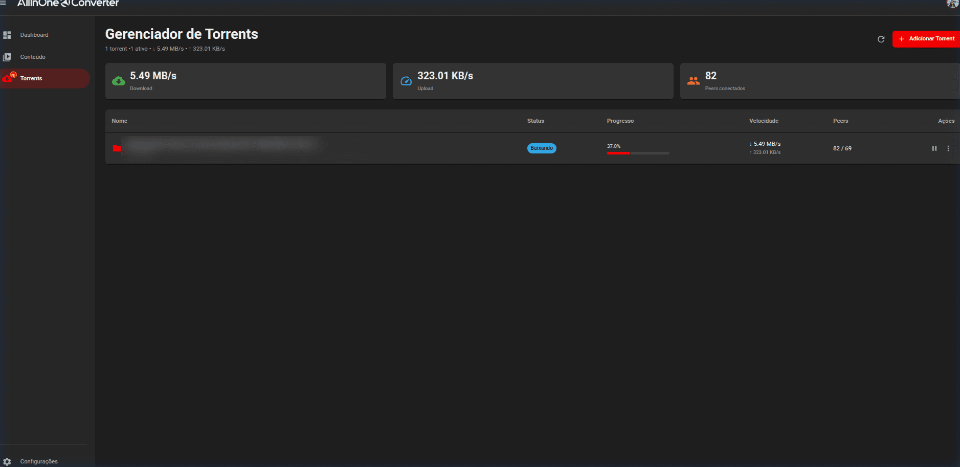 O gerenciador de torrent, com velocidade, progresso e peers