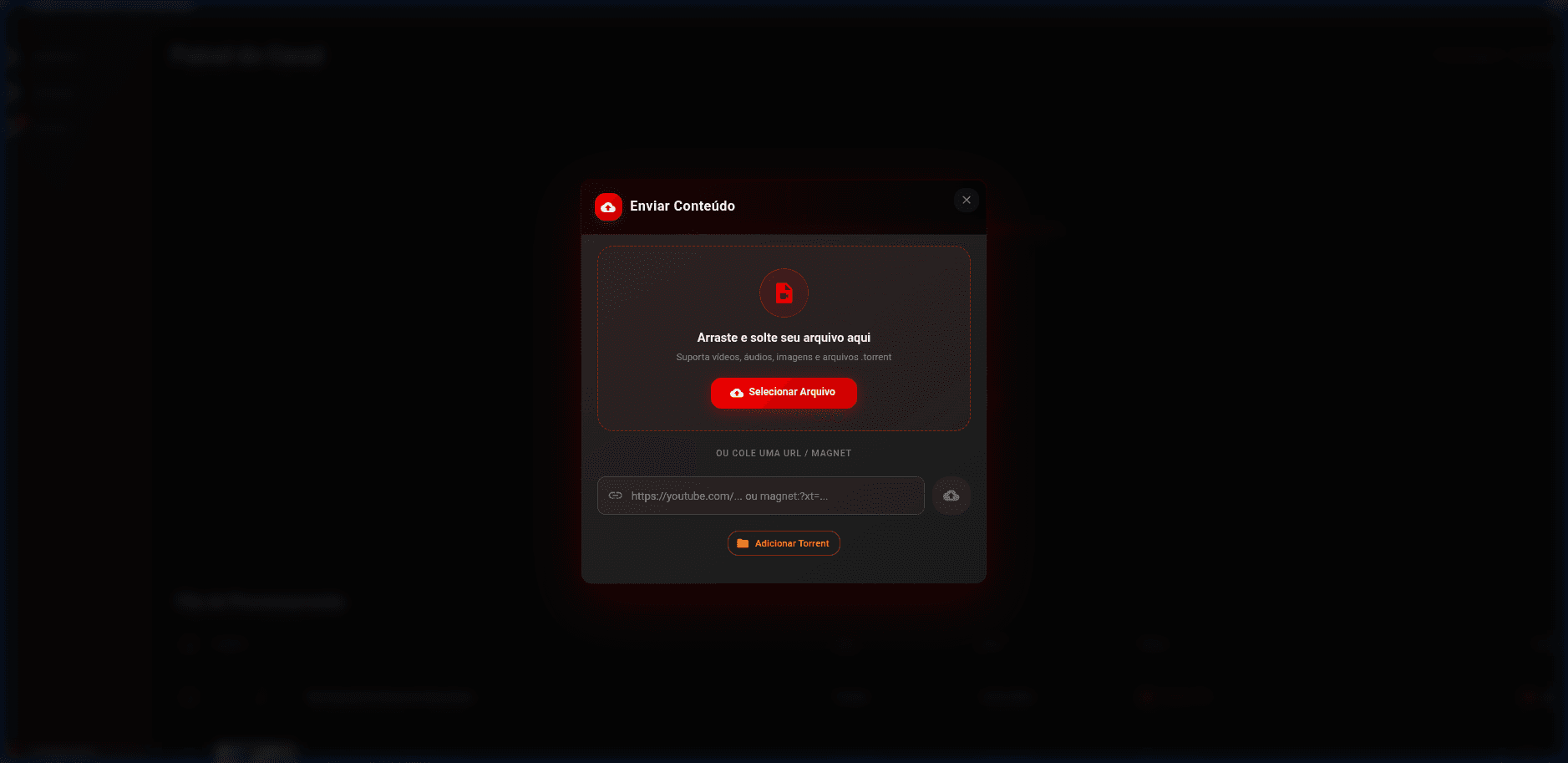 Arquivo, URL ou magnet entram pela mesma caixa